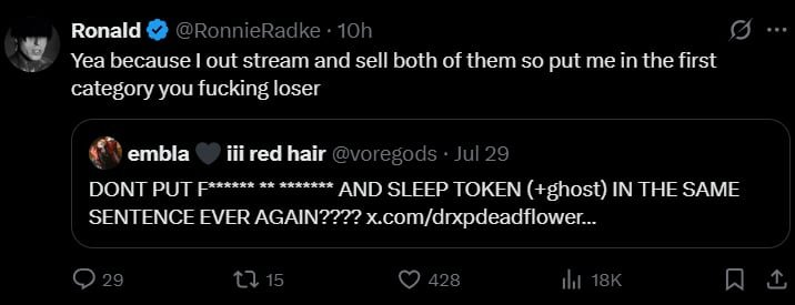 The Mosh Network - Radke responding to a tweet, calling another X user an effing loser.