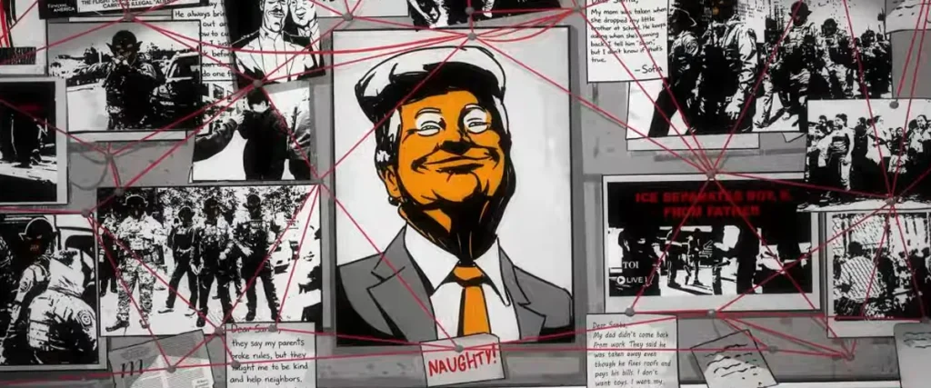 Coheed And Cambria Drop Animated “One Last Miracle” Video Targeting Trump, ICE And Holiday Hypocrisy The Mosh Network - Screenshot of Coheed and Cambria"s "One Last Miracle" animated video depicting Donald Trump on the 'naughty' list